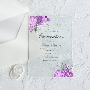 Classic Elegant Lavender Rose & Silver Quinceanera Acrylic Invitations