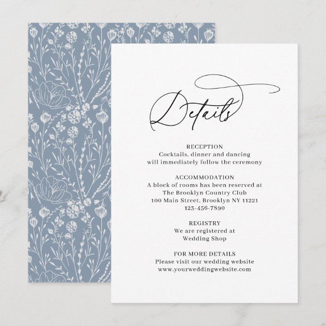 Classic Elegant Line Art Floral Dusty Blue Wedding Enclosure Card (Front/Back)