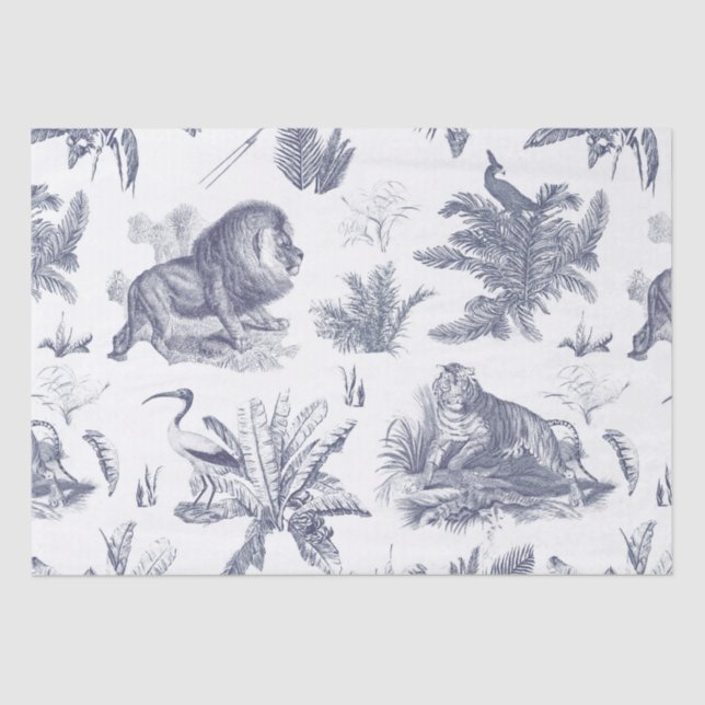 Classic Elegant Lion Tiger Blue Toile  Tissue Paper (Front)