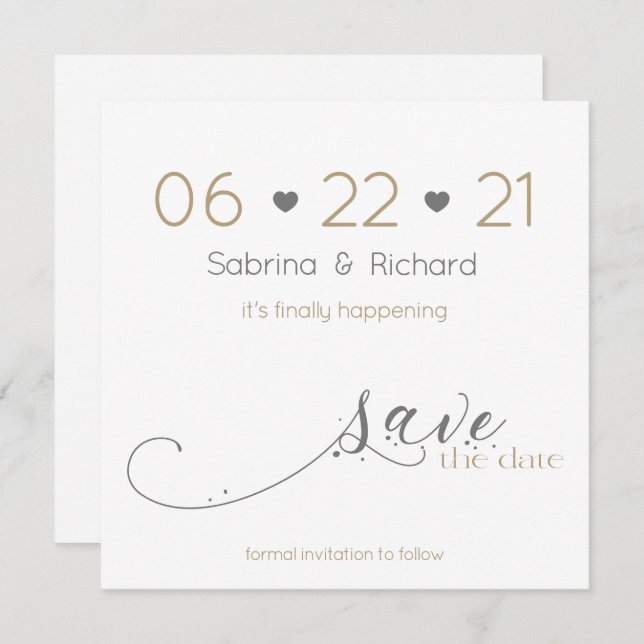 Classic Elegant Minimalist Gold Grey Save the Date Invitation (Front/Back)