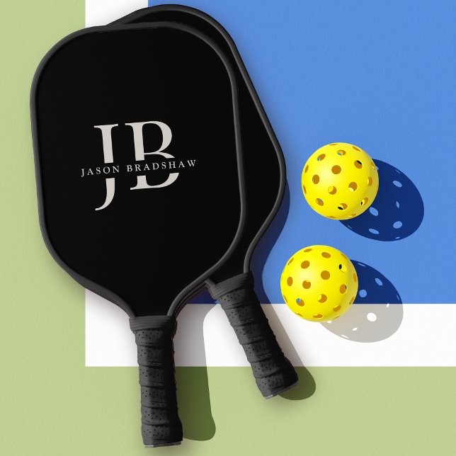 Classic Elegant Monogram and Name Black Pickleball Paddle (Personalize with your name and initials.)