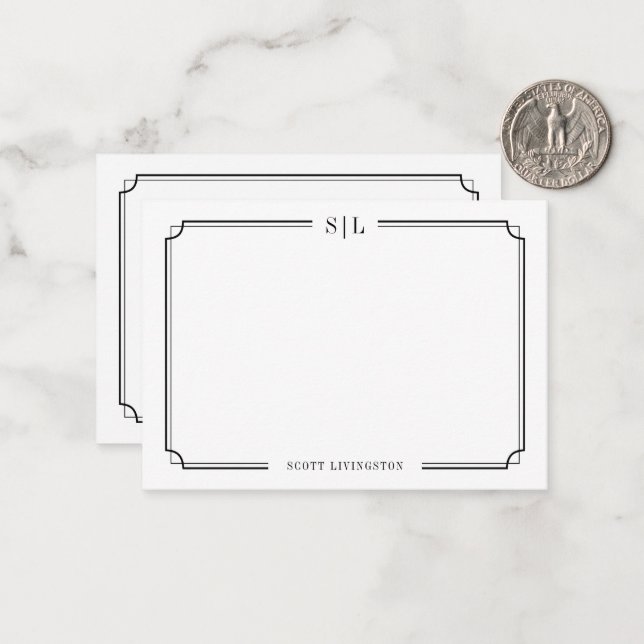 Classic Elegant Monogram Black White Two Border Card (Front/Back In Situ)