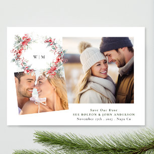 Classic Elegant Monogram Foliage Wreath two photo Holiday Card