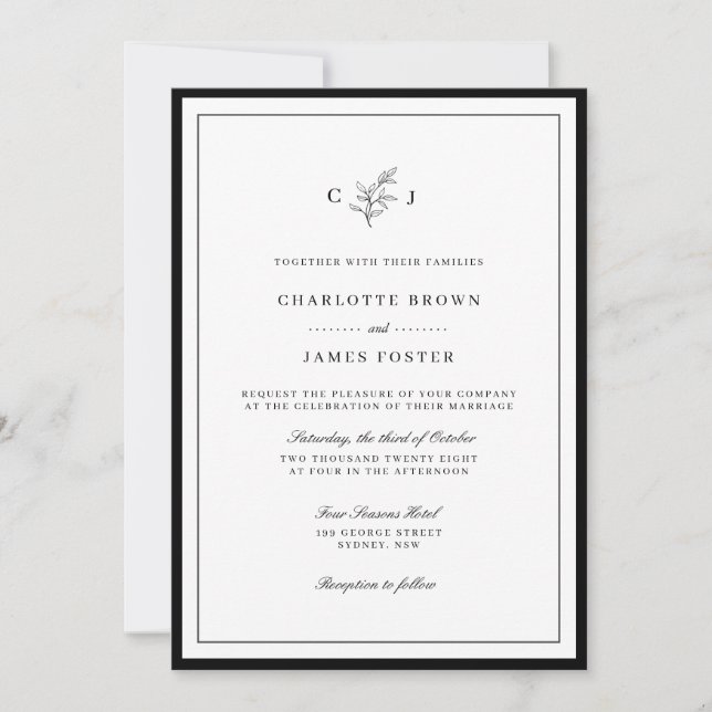 Classic elegant monogram leaf wedding invitation (Front)