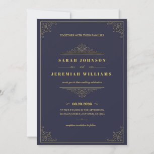 Classic Elegant navy-blue and Gold vintage Wedding Card
