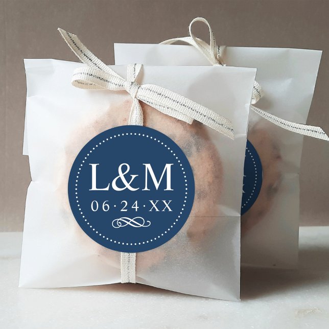 Classic Elegant Navy Blue Monogram Wedding Round Sticker (Creator Uploaded)