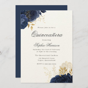 Classic Elegant Navy Midnight Rose Quinceanera Invitation