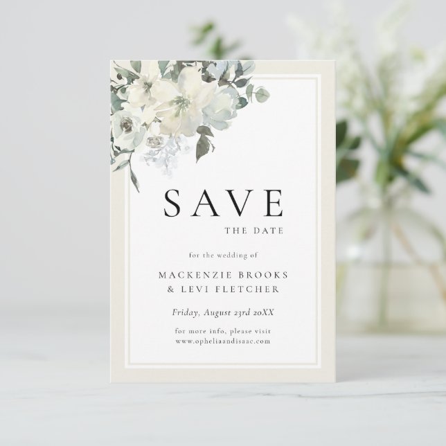 Classic Elegant Neutral Ivory Cream Floral  Save The Date (Standing Front)