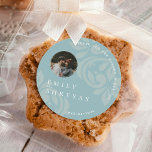 Classic Elegant Pewter Blue Damask Photo Wedding Classic Round Sticker<br><div class="desc">Combine classical elegance and modern sophistication with these photo wedding stickers featuring a handdrawn damask illustration from The Ink Imprint. Kindly make sure you have selected the desired size before adding the product to your cart.</div>