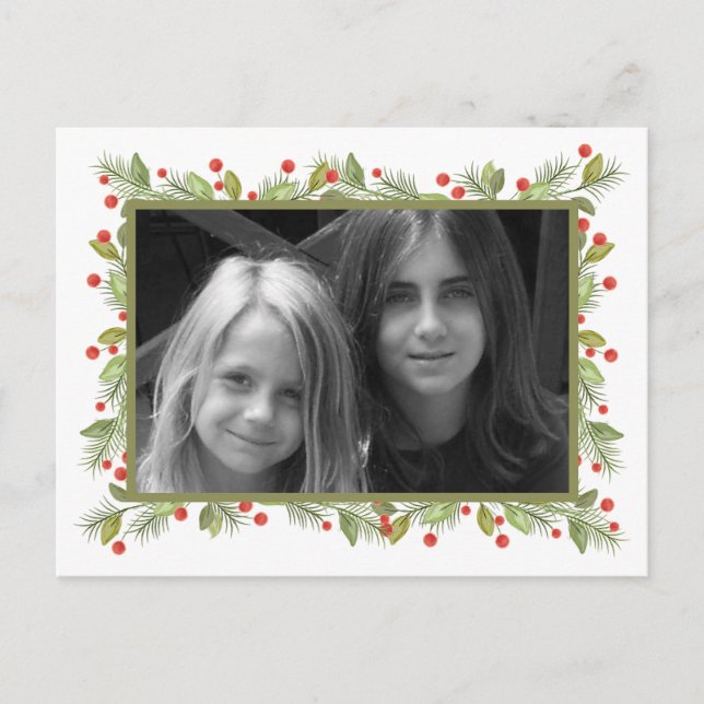 Classic Elegant Pinecone Holly Greenery 1 Photo Holiday Postcard (Front)