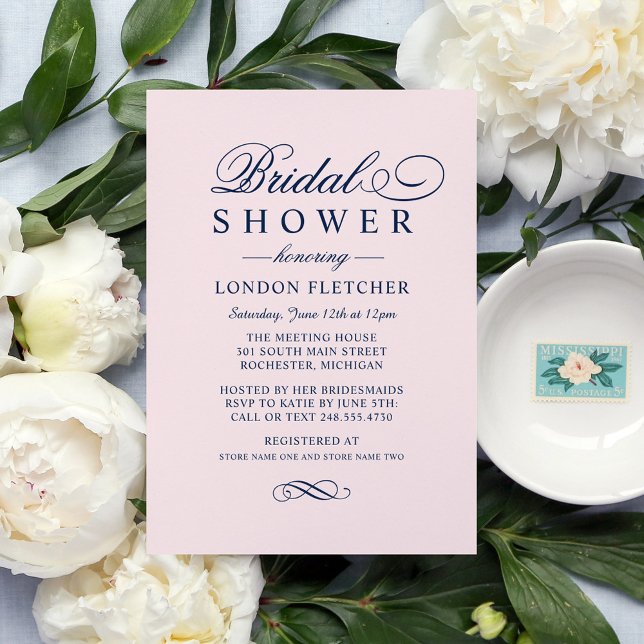 Classic Elegant Pink Navy Wedding Bridal Shower Invitation (Creator Uploaded)