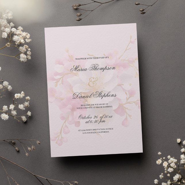 Classic elegant pink white gold floral wedding  invitation (Classic elegant pink white gold floral wedding)