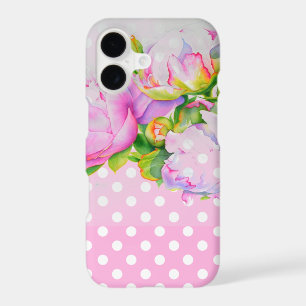 Classic elegant pink white peony floral polkadots