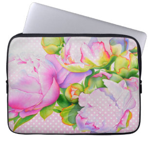 Classic elegant pink white peony floral polkadots laptop sleeve