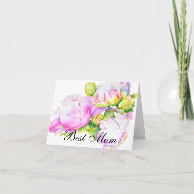 Classic elegant pink white peony floral watercolor card (Front)