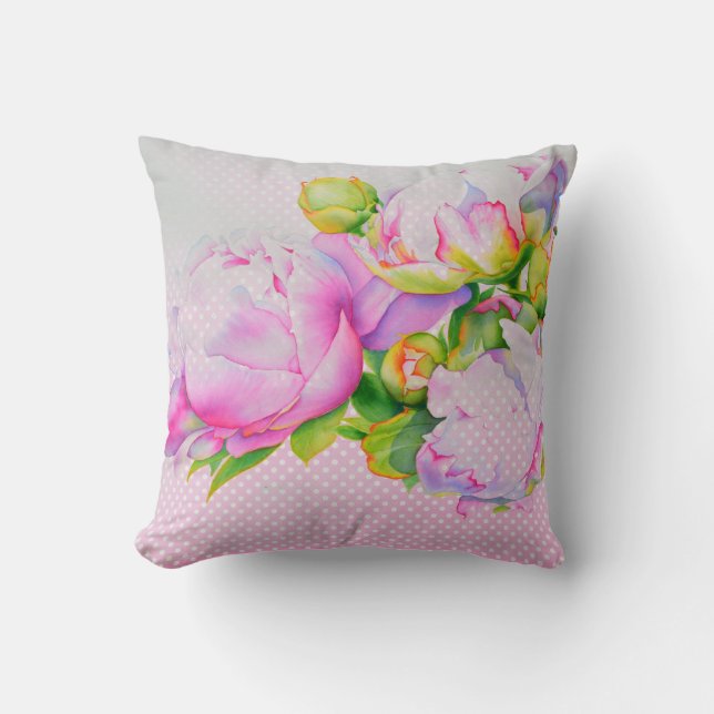 Classic elegant pink white peony floral watercolor cushion (Front)
