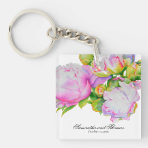 Classic elegant pink white peony floral watercolor key ring