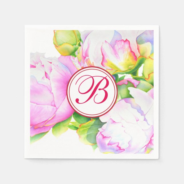 Classic elegant pink white peony floral watercolor napkin (Front)