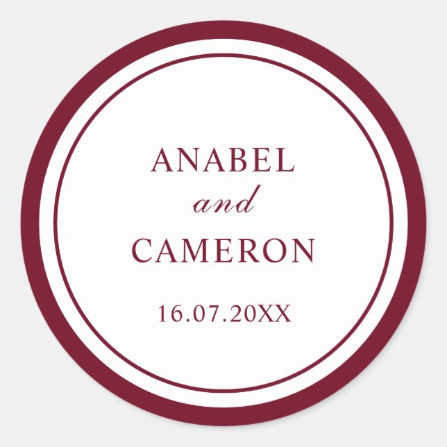 Classic Elegant Red Burgundy Frame Wedding Round Sticker (Front)