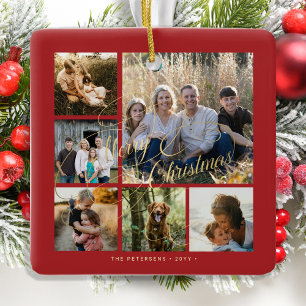 Classic elegant red gold 6 photo collage  ceramic ornament