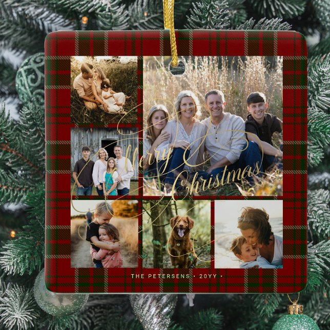 Classic elegant red green plaid 6 photo collage  ceramic ornament (Creator Uploaded)
