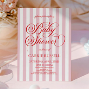 Classic Elegant Red Pink Stripes Girl Baby Shower Invitation