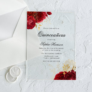Classic Elegant Red Rose & Gold Quinceanera Acrylic Invitations