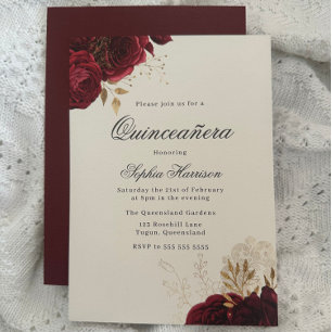 Classic Elegant Red Rose & Gold Quinceanera Invitation