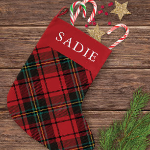 Classic Elegant Red Tartan Holiday w/ Name Large Christmas Stocking