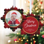 Classic Elegant Red Tartan Plaid Photo Christmas<br><div class="desc">These wonderful paper ornament cards feature a classic red tartan / plaid background. On the front of the card is a simple round photo shape. On the back is an EDITABLE script greeting in white with your text in a classic serif font. These ornaments make a fabulous holiday card that...</div>