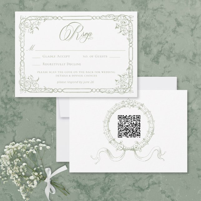 Classic Elegant Sage Green Floral Frame Wedding QR RSVP Card (Classic Elegant Sage Green Floral Frame Wedding QR RSVP Card)