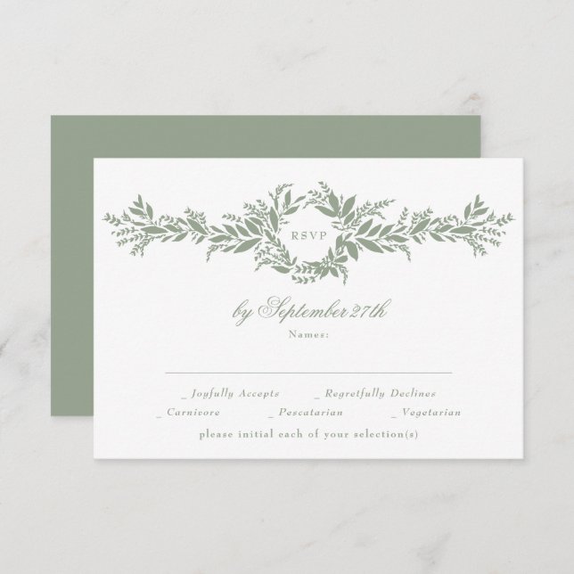 classic elegant sage green leafy wreath wedding RSVP card (Front/Back)