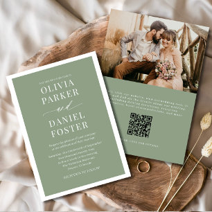 Classic Elegant Sage Green Photo QR Code Wedding Invitation