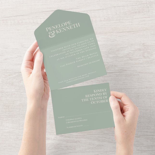 Classic Elegant Sage Green Typography Wedding All In One Invitation (Tearaway)