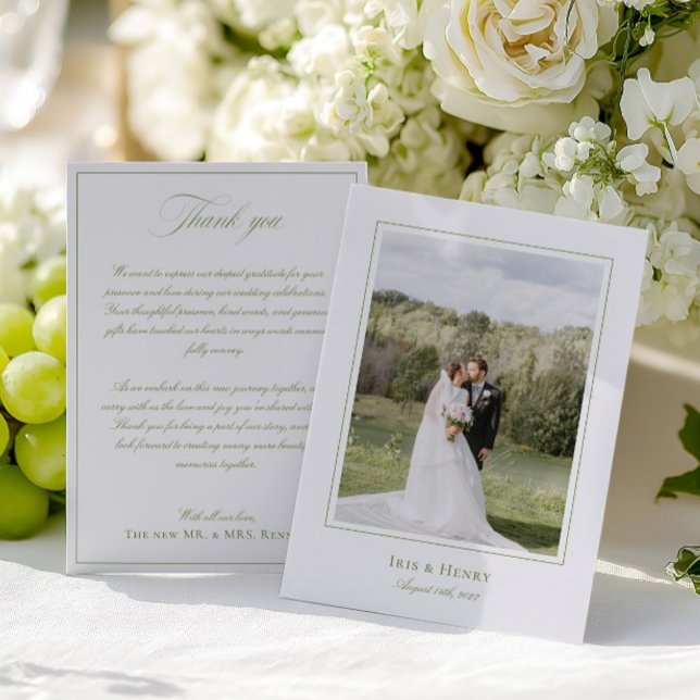 Classic Elegant Sage Green Wedding Photo Thank You Card (Classic Elegant Sage Green Wedding Photo Thank You Card)