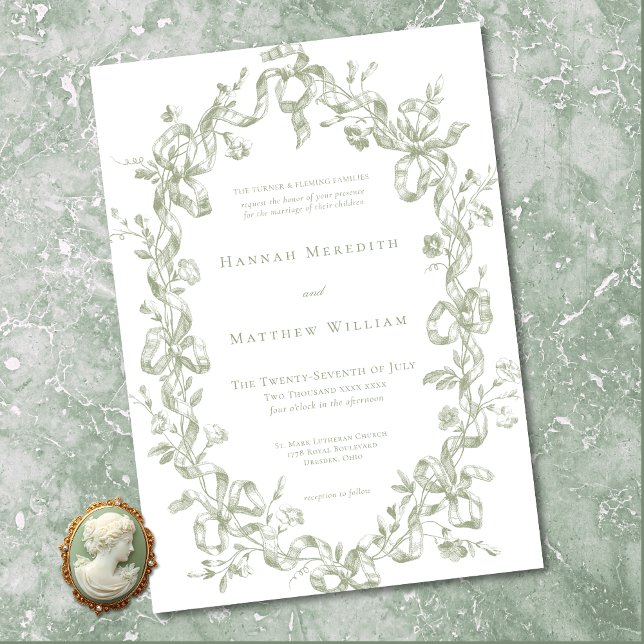 Classic Elegant Sage Oval Ribbon Frame Wedding Invitation (Classic Elegant Sage Oval Ribbon Frame Wedding Invitation)