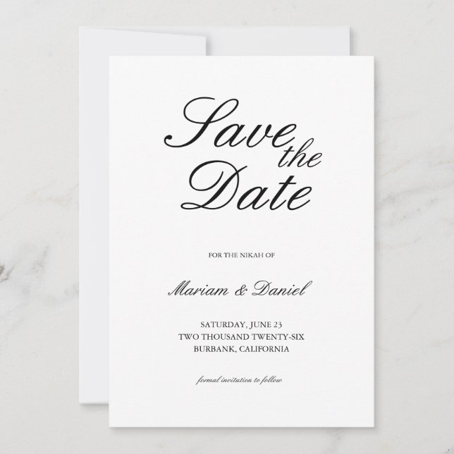 Classic Elegant Script Black White Islamic Wedding Save The Date (Front)