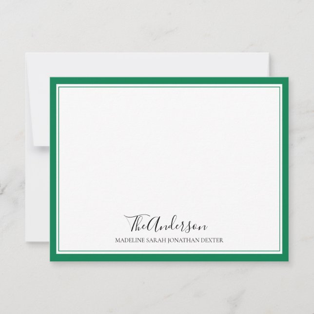 Classic Elegant Script Family Green Square Border Card (Front)