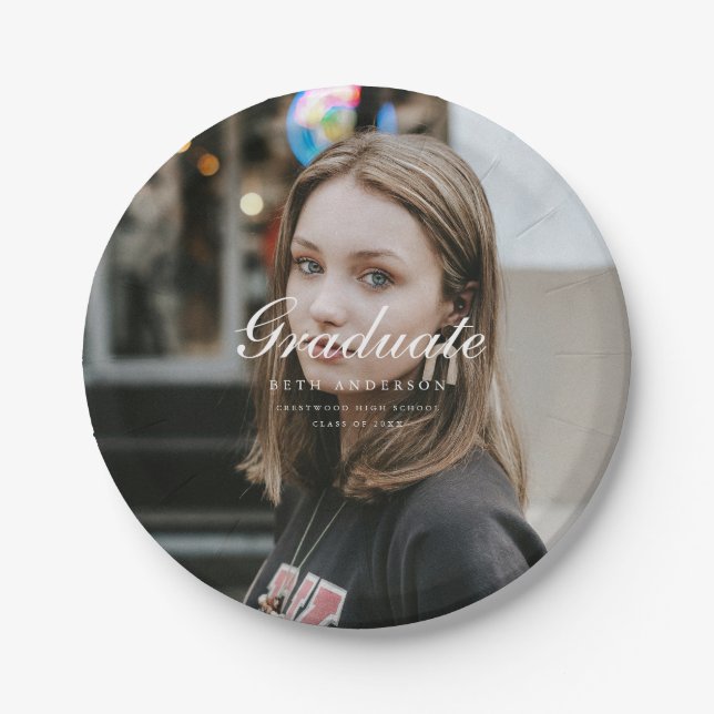 Classic Elegant Script Graduation Party Full Photo Paper Plate (Front)