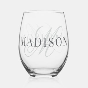 Classic Elegant Script Monogram Initial Name Stemless Wine Glass