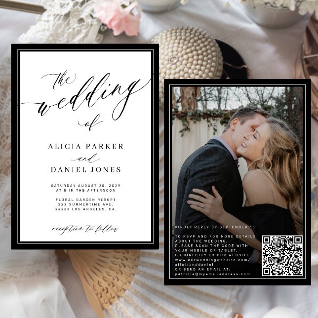 Classic elegant script QR code photo wedding Invitation (Creator Uploaded)