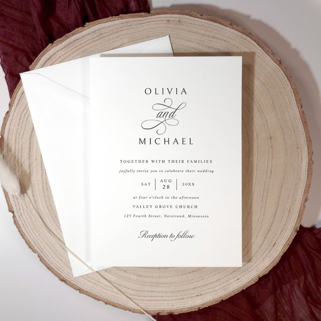 Classic Elegant Simple Calligraphy Wedding Invitation (Simple black and white wedding invitation with elegant classic calligraphy script.)