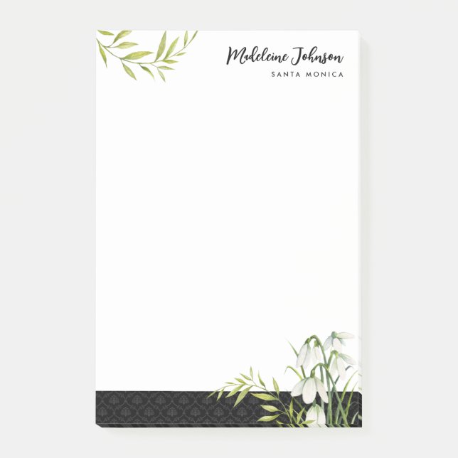 Classic Elegant Snowdrops Laurel Black Damask Post-it Notes (Front)