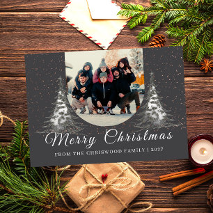Classic Elegant Snowy Pine Tree Family Christmas Holiday Card