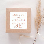 Classic Elegant Terracotta Orange Wedding Monogram Square Sticker<br><div class="desc">Formal terracotta orange wedding favor sticker design features beautiful typography that combines a traditional flourished calligraphy script with classic block lettering. The custom monogram text can be personalized with the bride and groom names and wedding date. Includes a decorative scroll accent. Please shop our Classic Elegant Terracotta Orange Wedding Collection...</div>