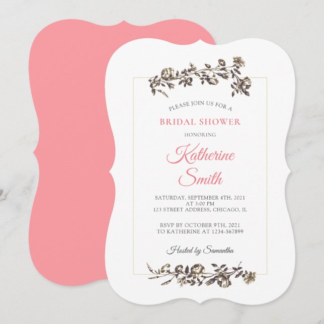 Classic Elegant Vintage Flowers Pink Bridal Shower Invitation (Front/Back)