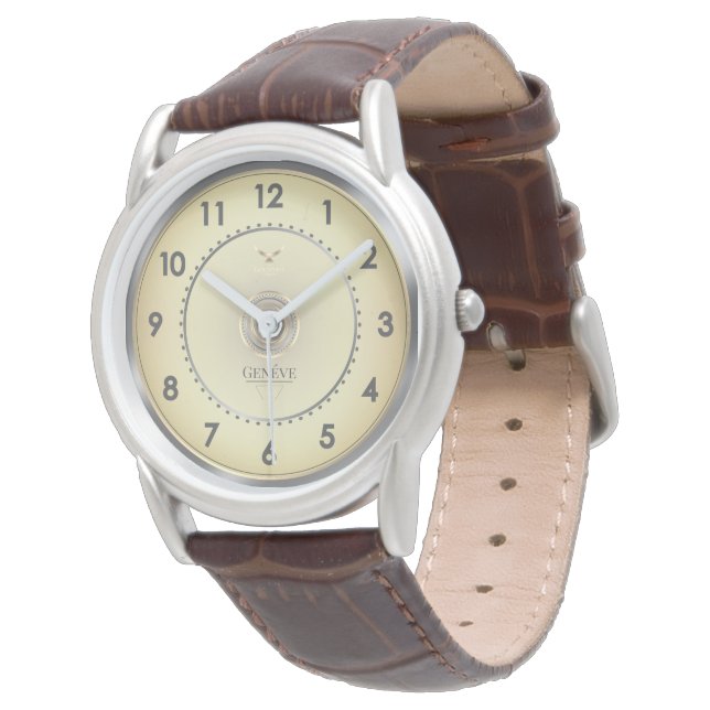 Classic Elegant Warm Gold Face Brown Leather Strap Watch (Angled)