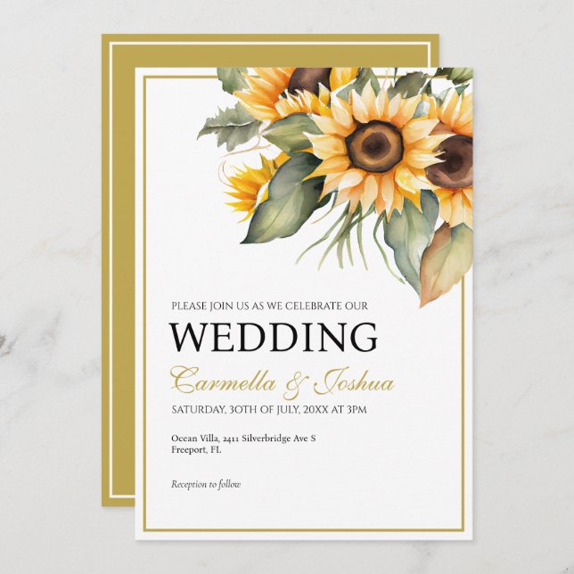 Classic Elegant Watercolor Sunflower Boho Wedding Invitation (Front/Back)