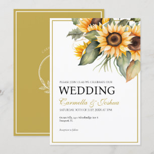 Classic Elegant Watercolor Sunflower Boho Wedding Invitation
