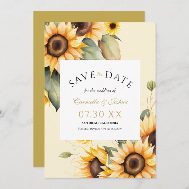Classic Elegant Watercolor Sunflower Boho Wedding Save The Date (Front/Back)
